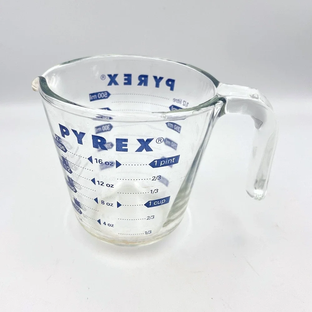 Vintage Pyrex 2 Cup Glass Measuring Cup Clear Blue Letter 1980s Corning USA